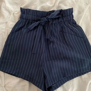 Navy blue stripe paper bag shorts